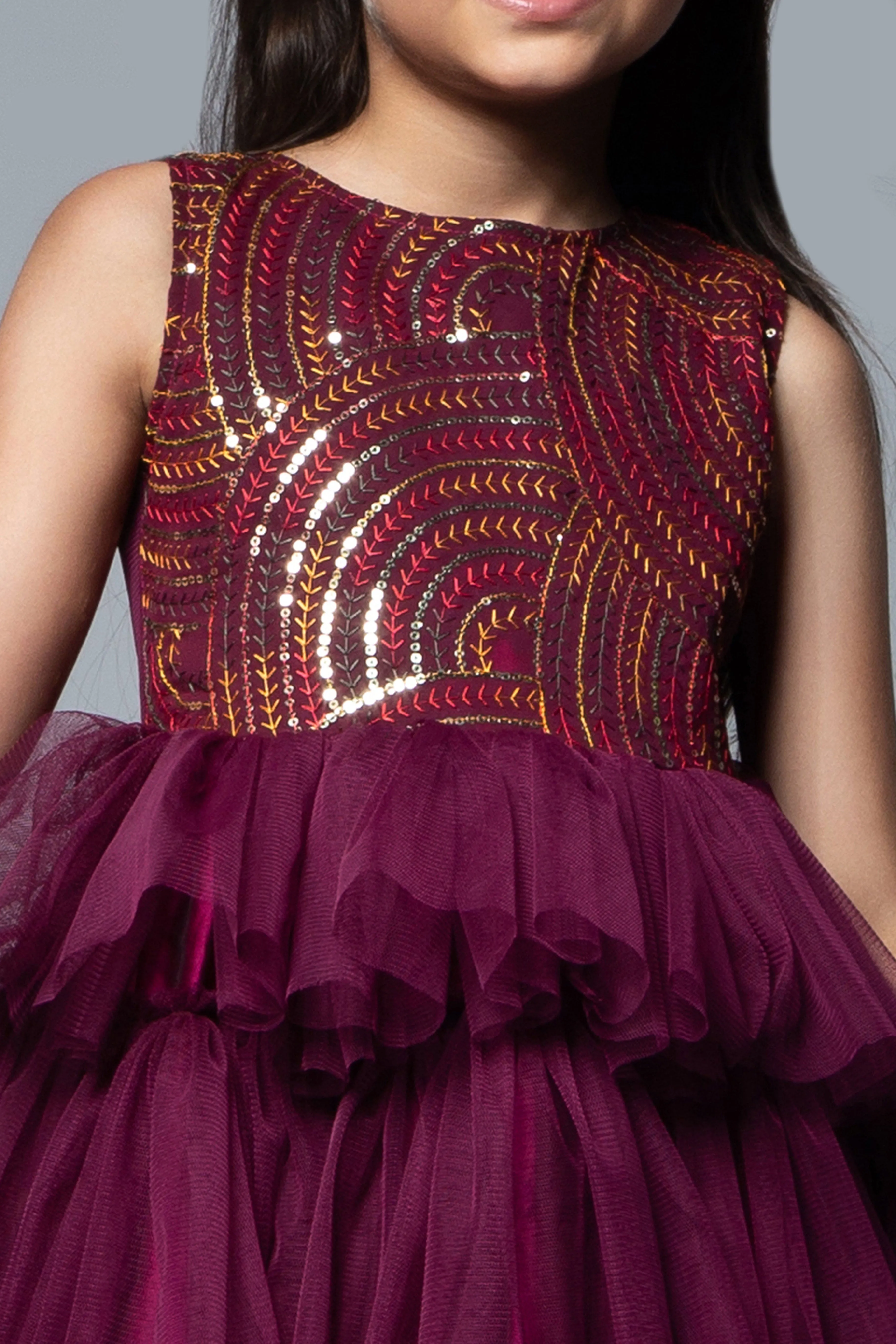 Layered net dress with tail at the back-Wine