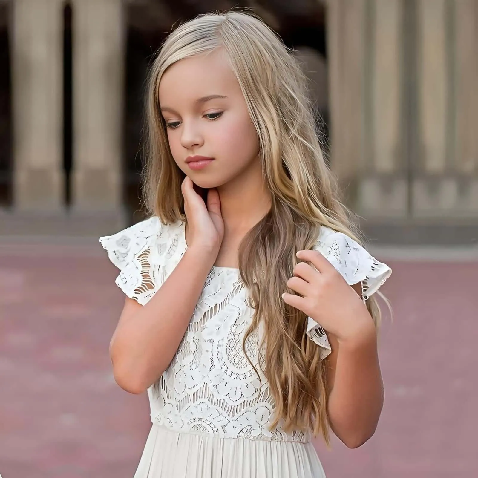 Little Girls Long Dress Lace Floral