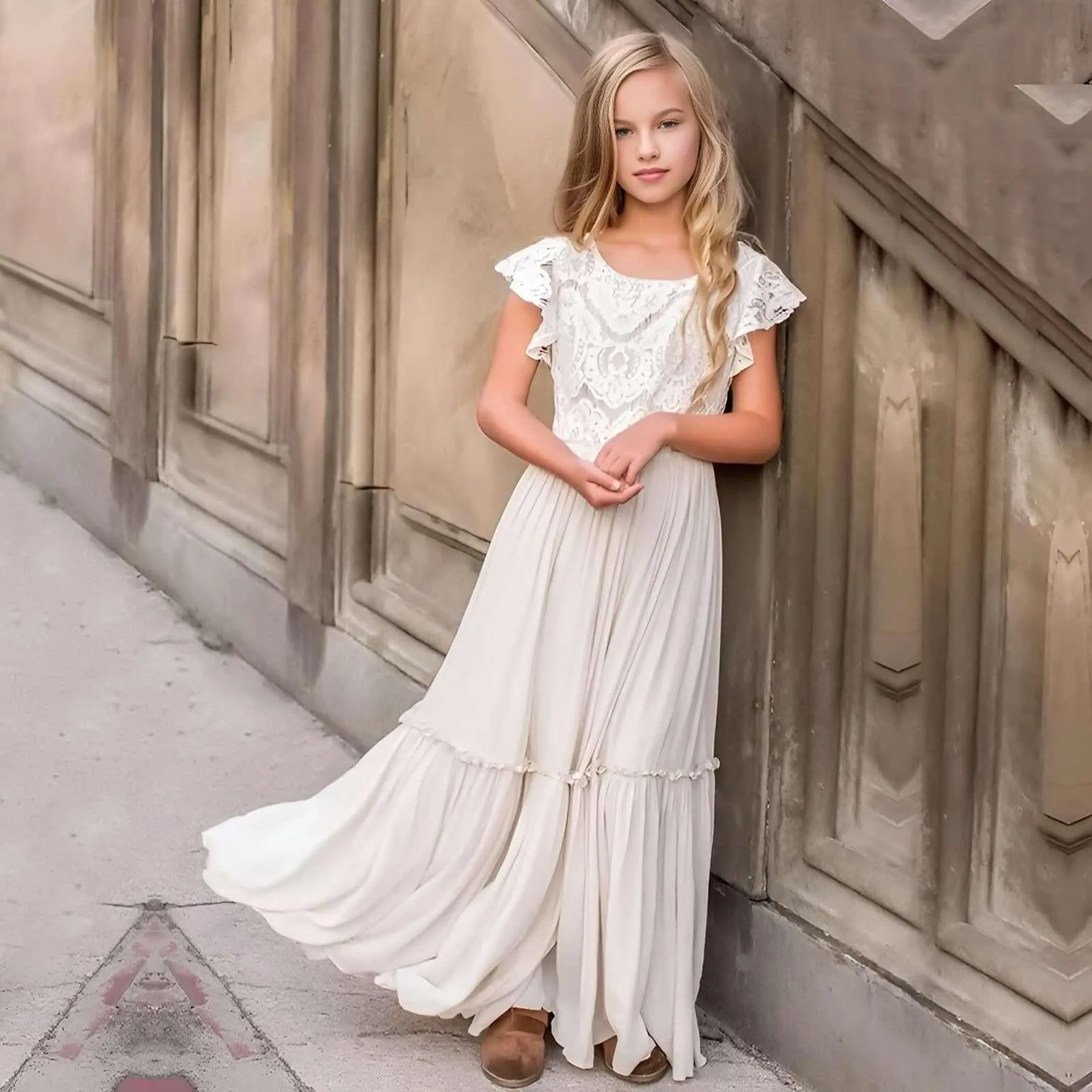 Little Girls Long Dress Lace Floral