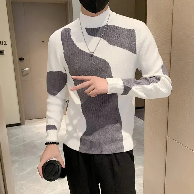 Luxury Half Turtleneck Men's Pattern Sweater Long Sleeve Slim Fit Casual Pullover Knitwear