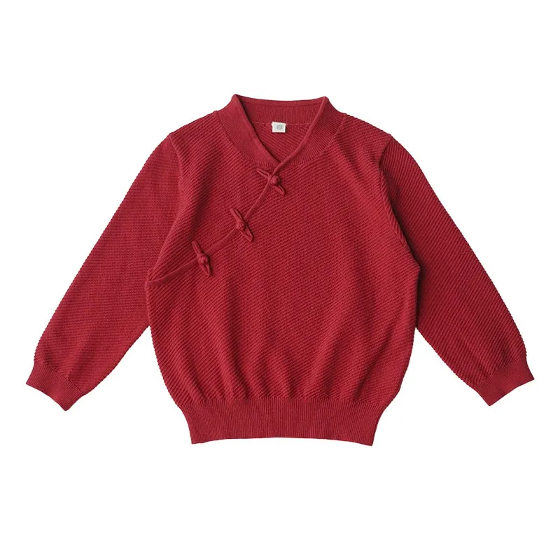 MaNa Red Unisex Mandarin Collar Sweater with Handcrafted Frog Buttons