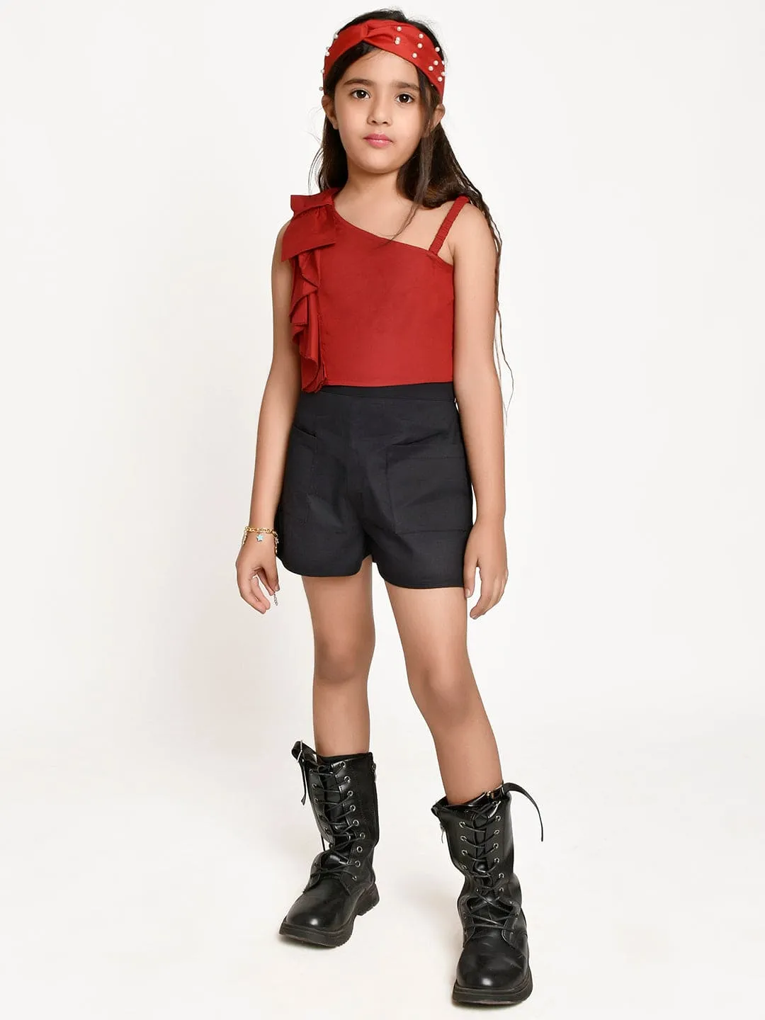 Maroon Bow Shoulder Top with Black Shorts