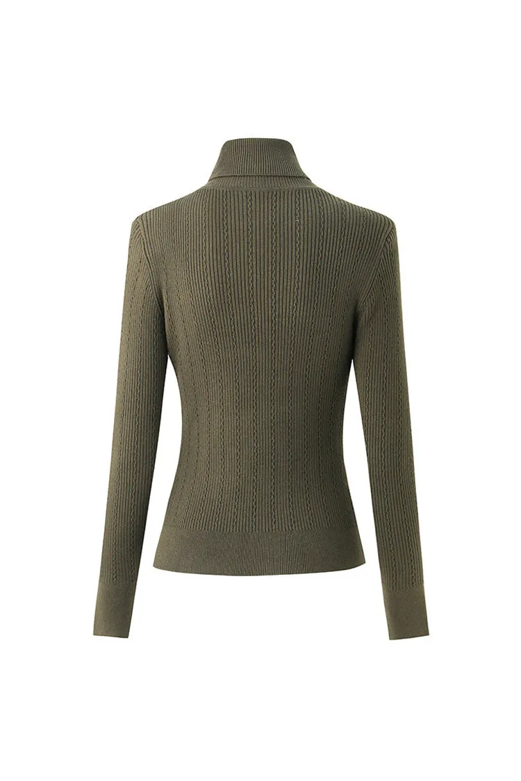 Metallic Button Long Sleeve Wool Blend Turtleneck Ribbed Knit Sweater