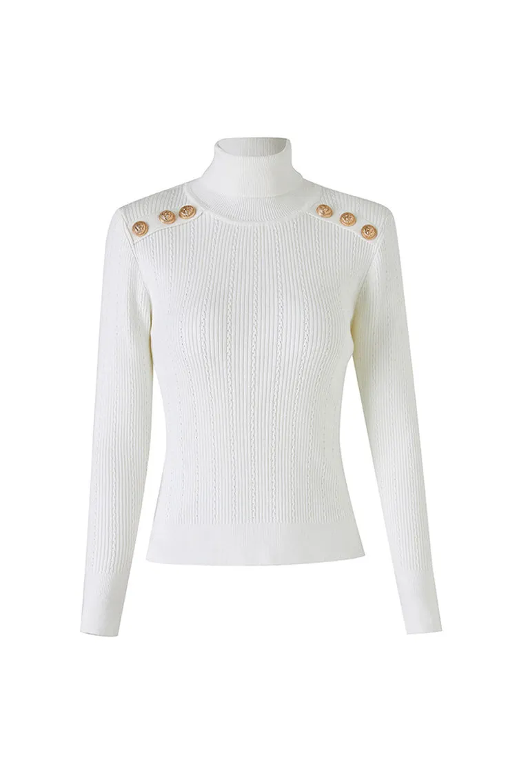 Metallic Button Long Sleeve Wool Blend Turtleneck Ribbed Knit Sweater