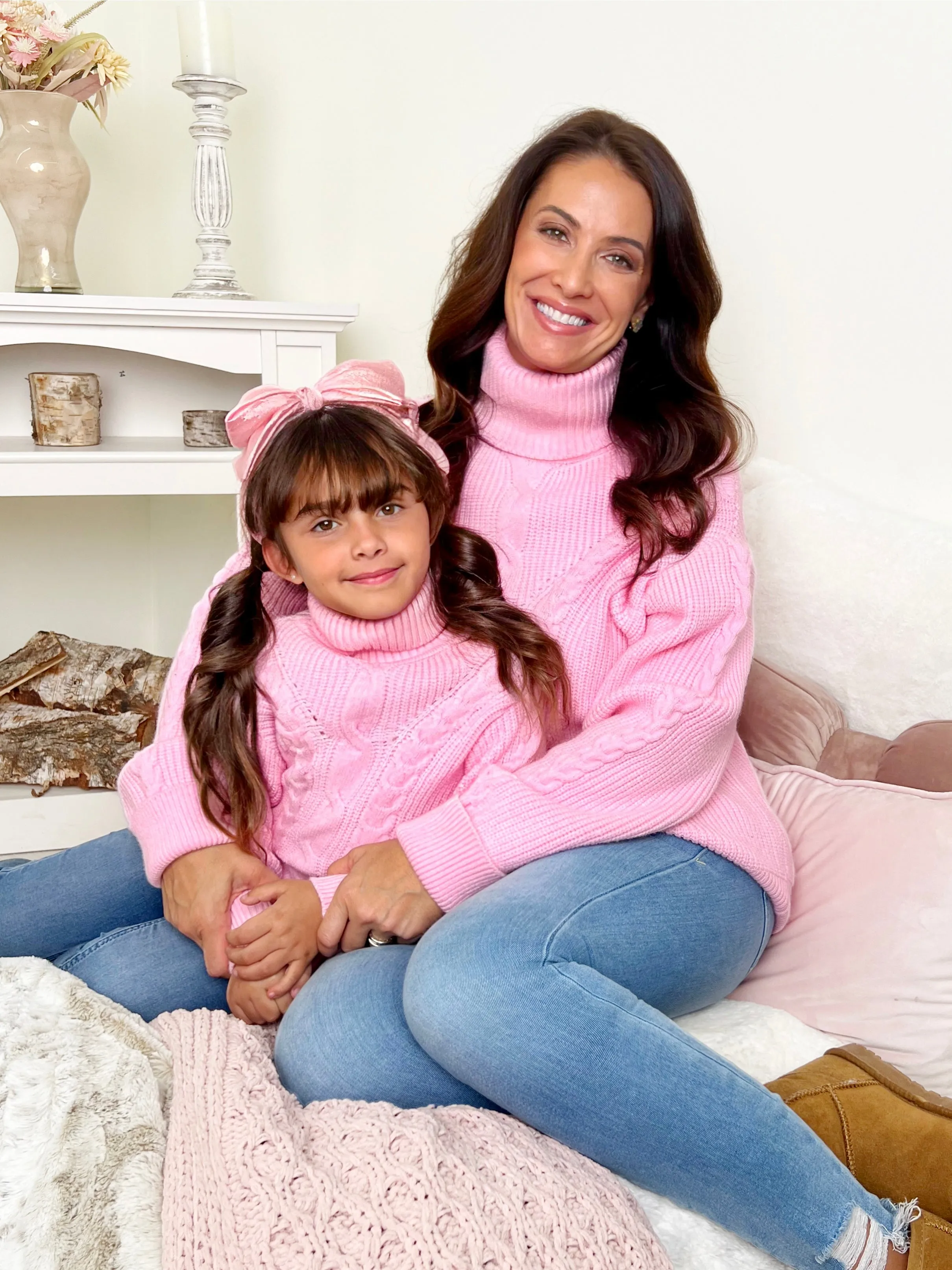 Mommy and Me Pink Oversized Cable Knit Sweater