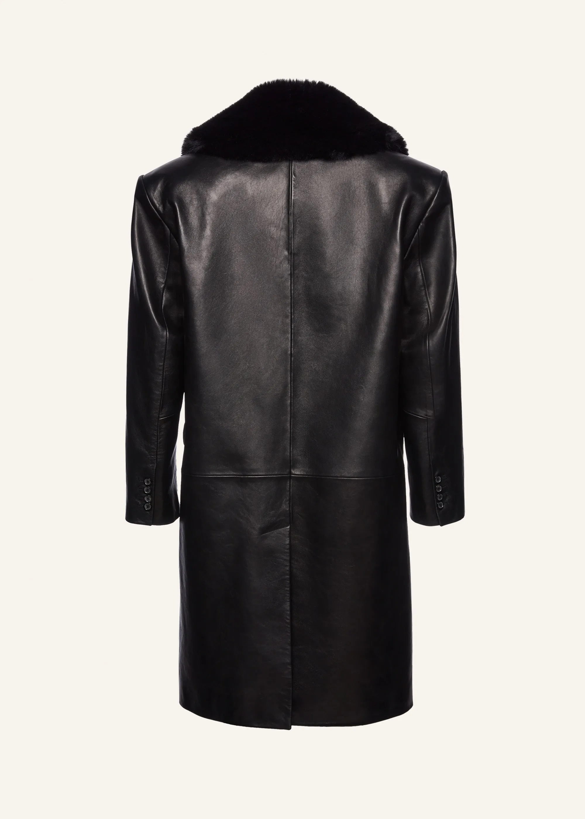 Oversized classic midi coat in black leather with faux fur