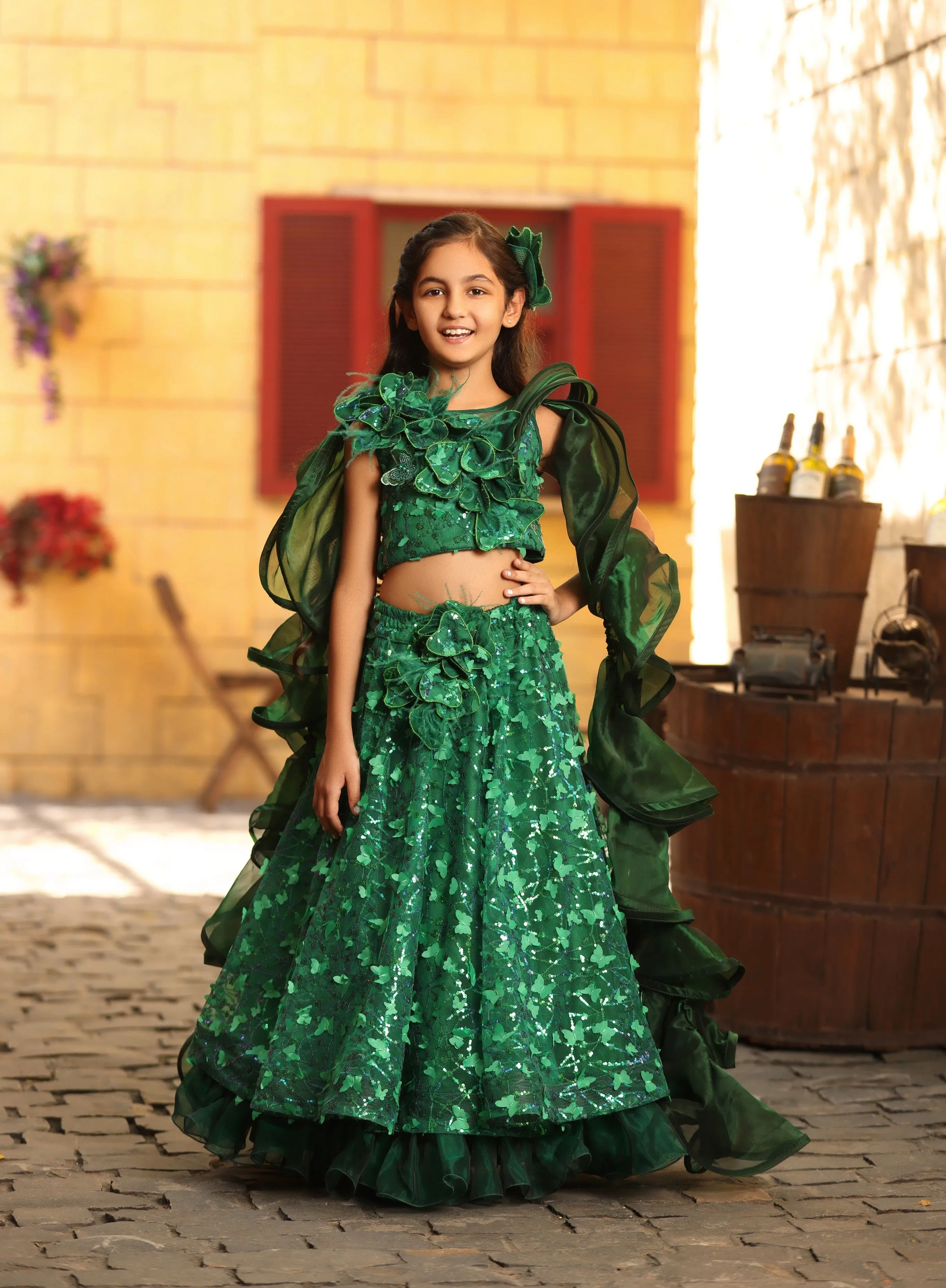 Pre Order: Green Butterfly Choli with Lehenga