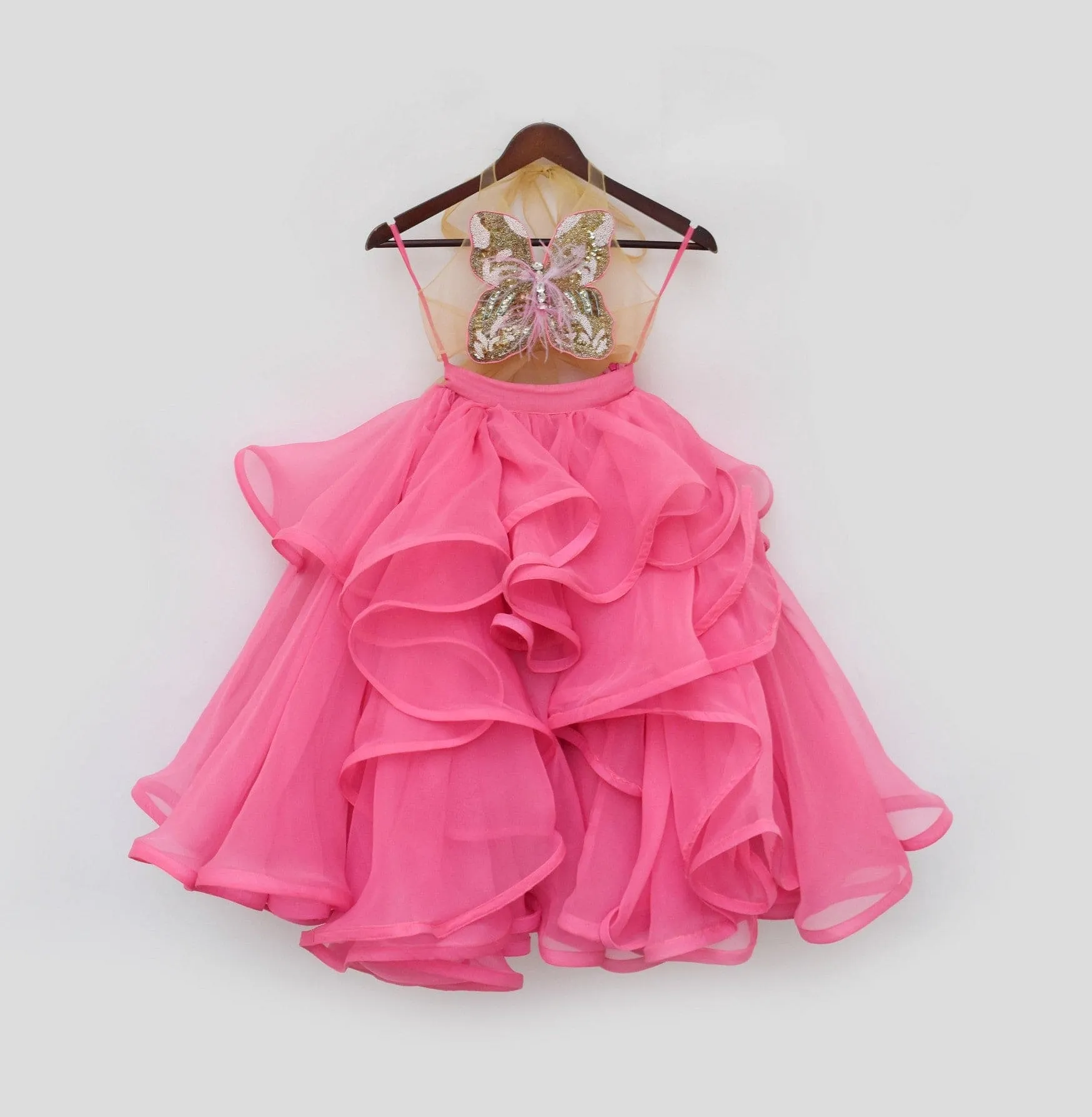 Pre Order: Pink Ruffle Skirt with Embroidered Butterfly Top