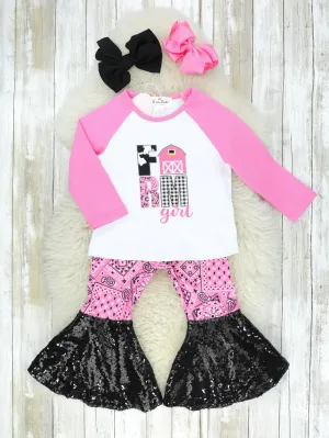 "Farm Girl" Hot Pink Bandana Sequin Bell Bottoms Outfit