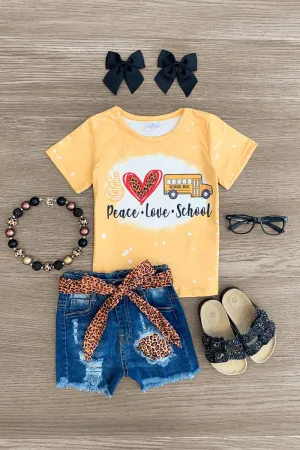 "Peace Love School" Yellow Denim Short Set