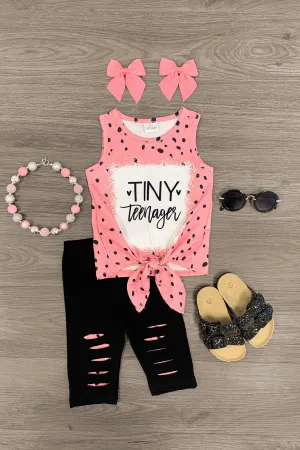 "Tiny Teenager" Black & Pink Distressed Capri Set