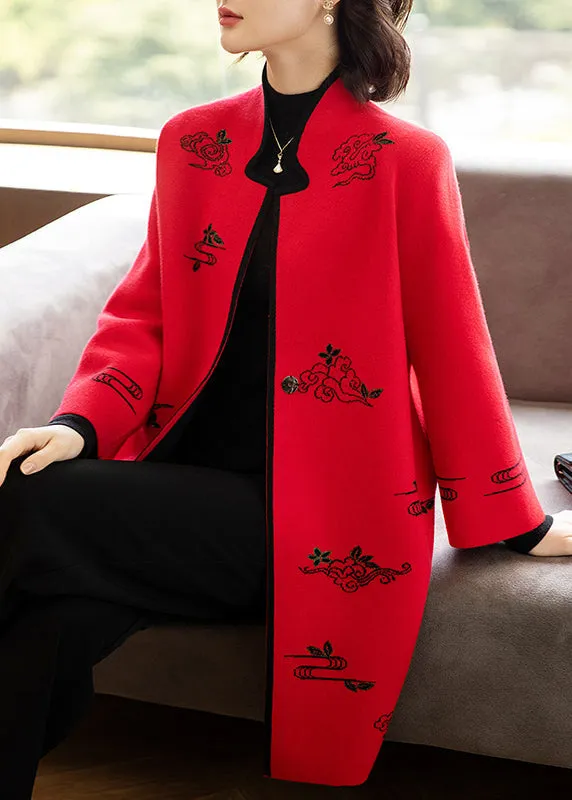 Red Embroideried Stand Collar Patchwork Wool Coats Stand Collar Long Sleeve