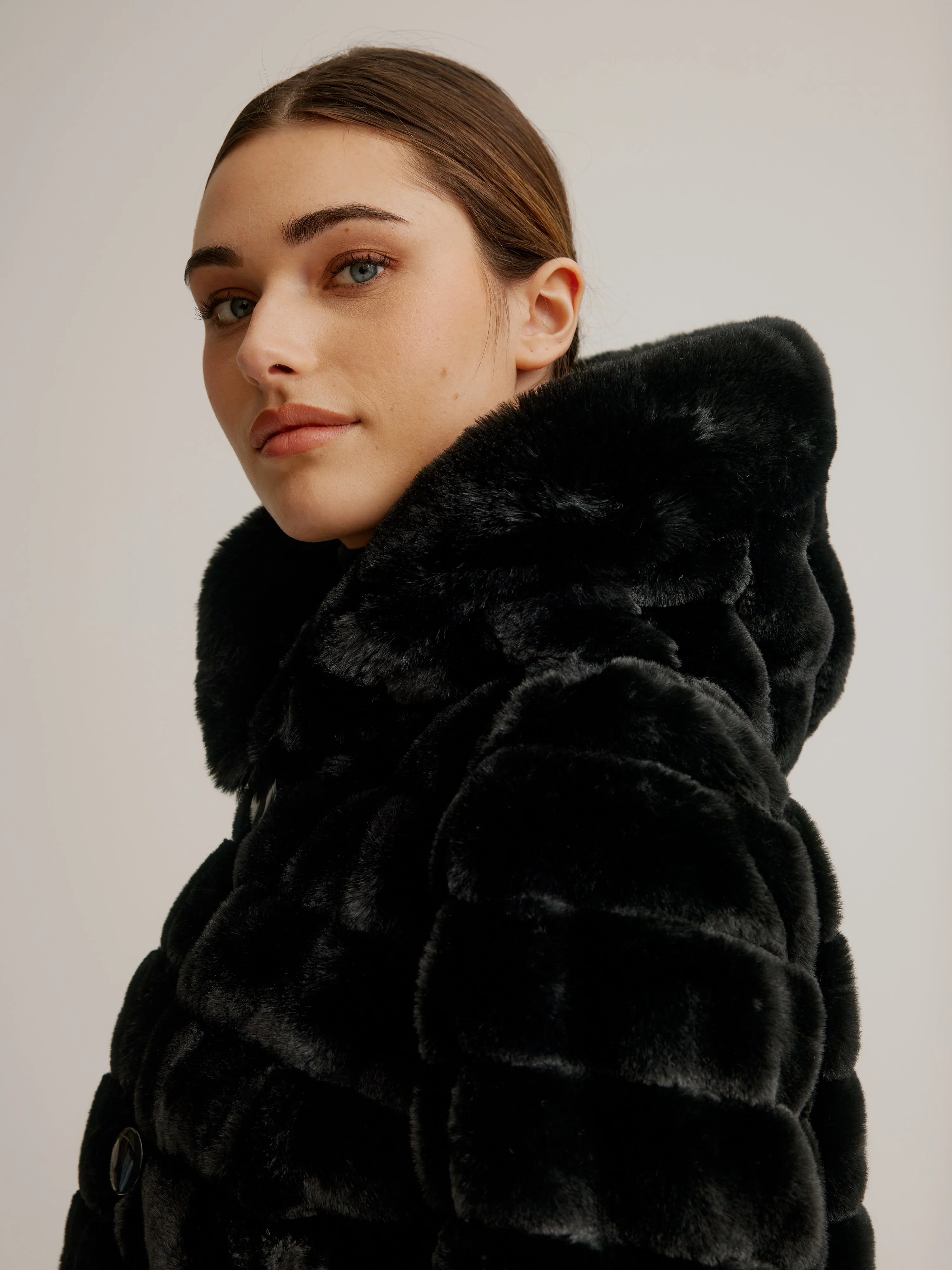 Reversible Faux Fur Coat W/ Fixed Hood & Button Front