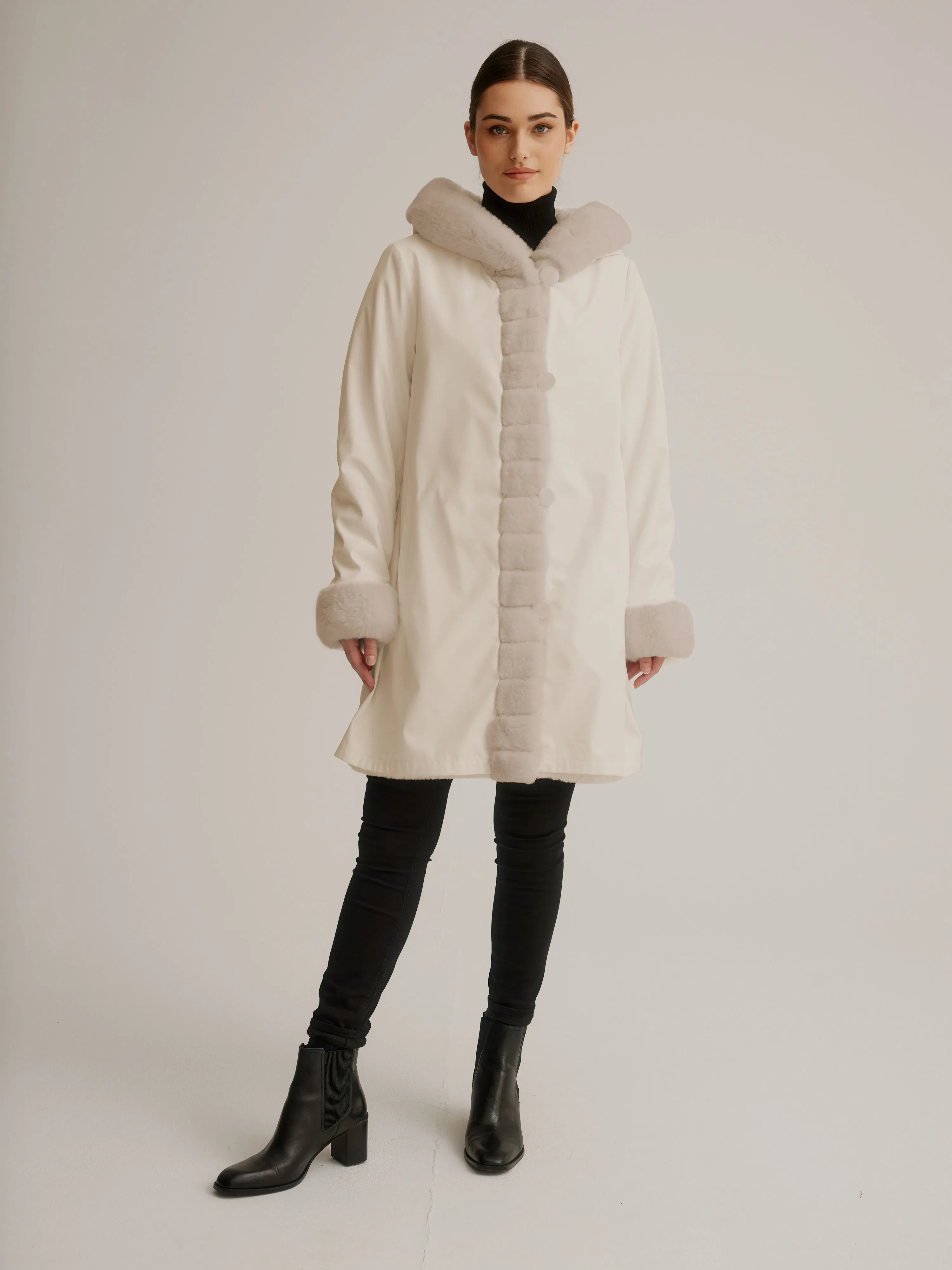 Reversible Faux Fur Coat W/ Fixed Hood & Button Front