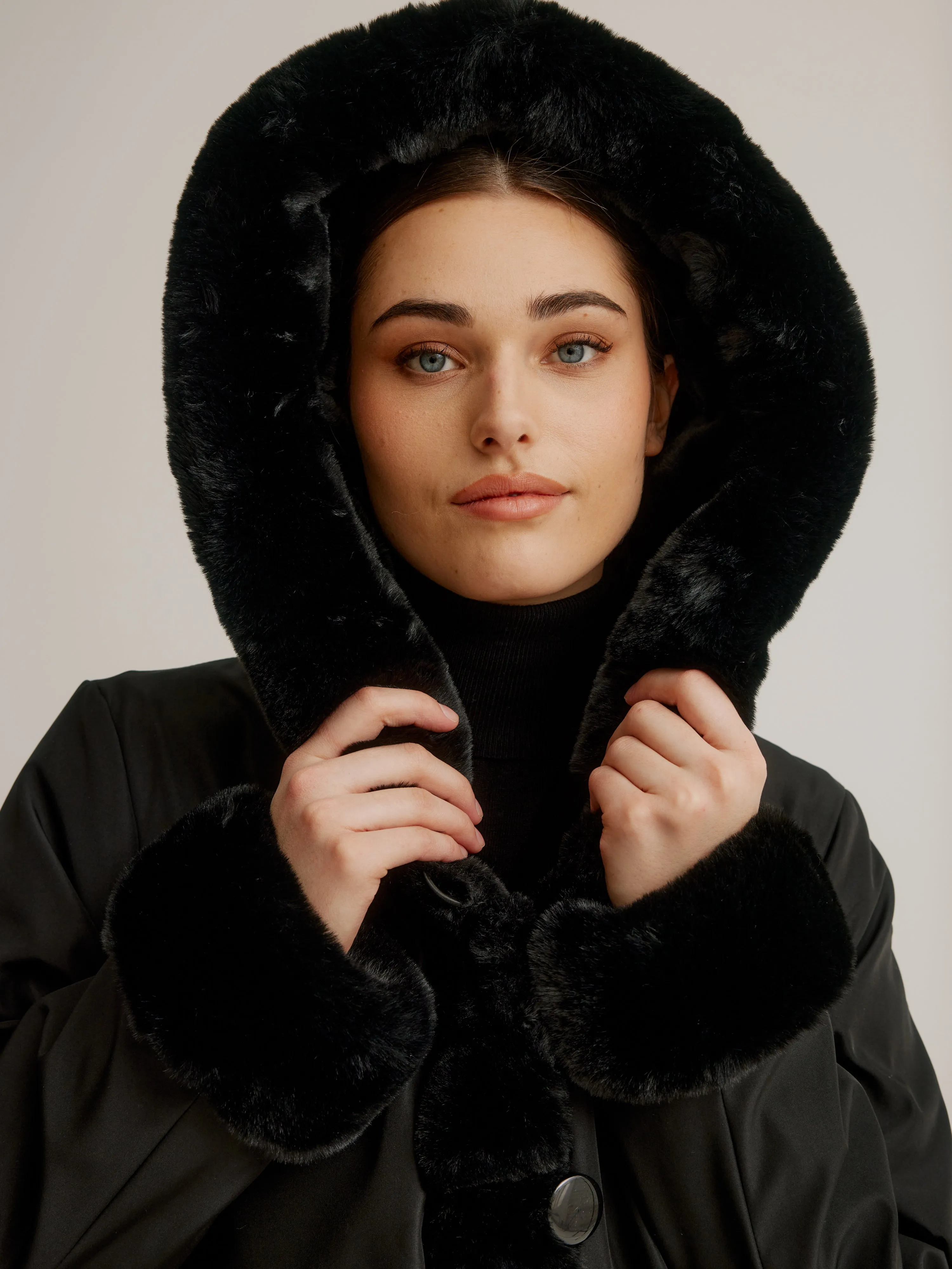 Reversible Faux Fur Coat W/ Fixed Hood & Button Front