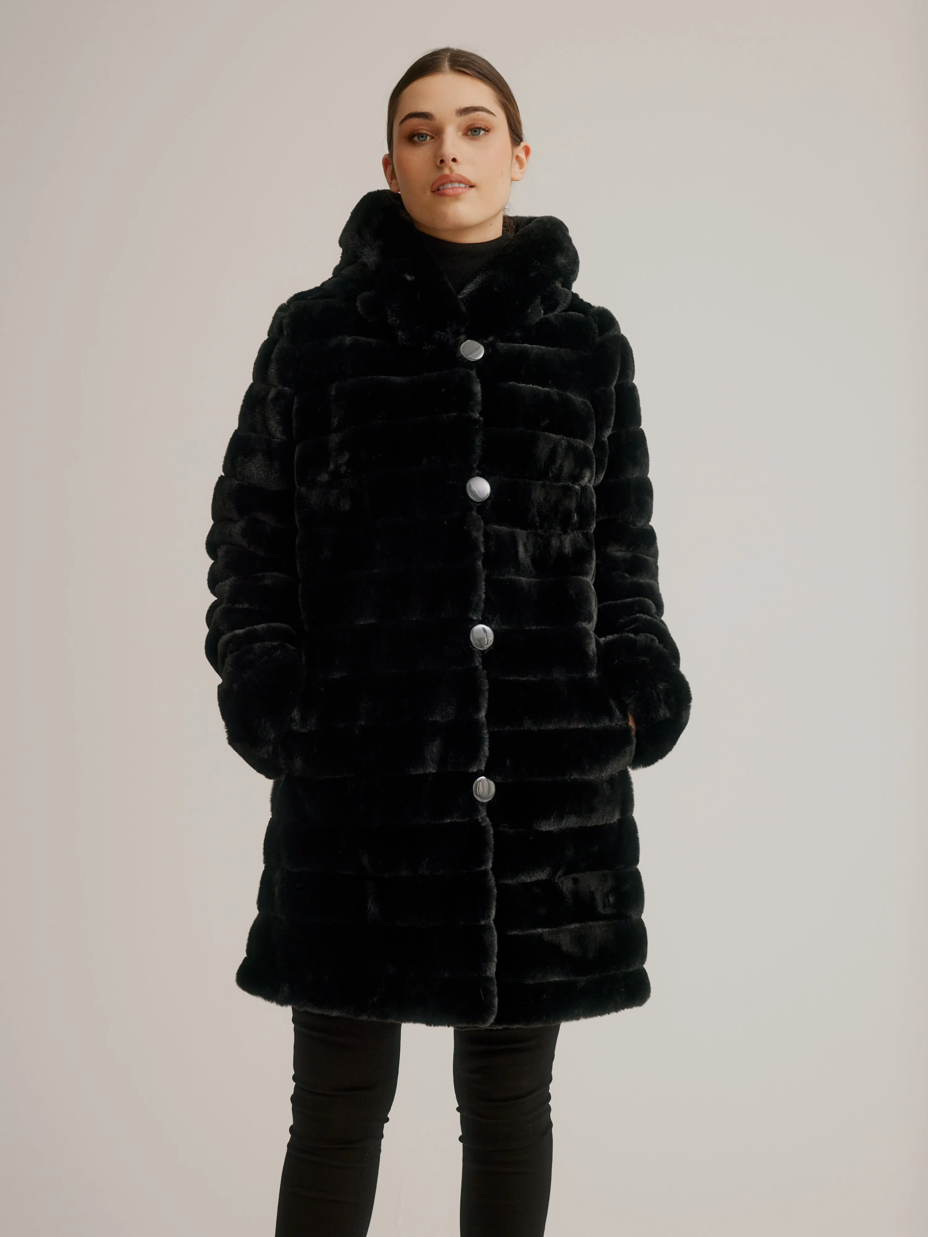 Reversible Faux Fur Coat W/ Fixed Hood & Button Front