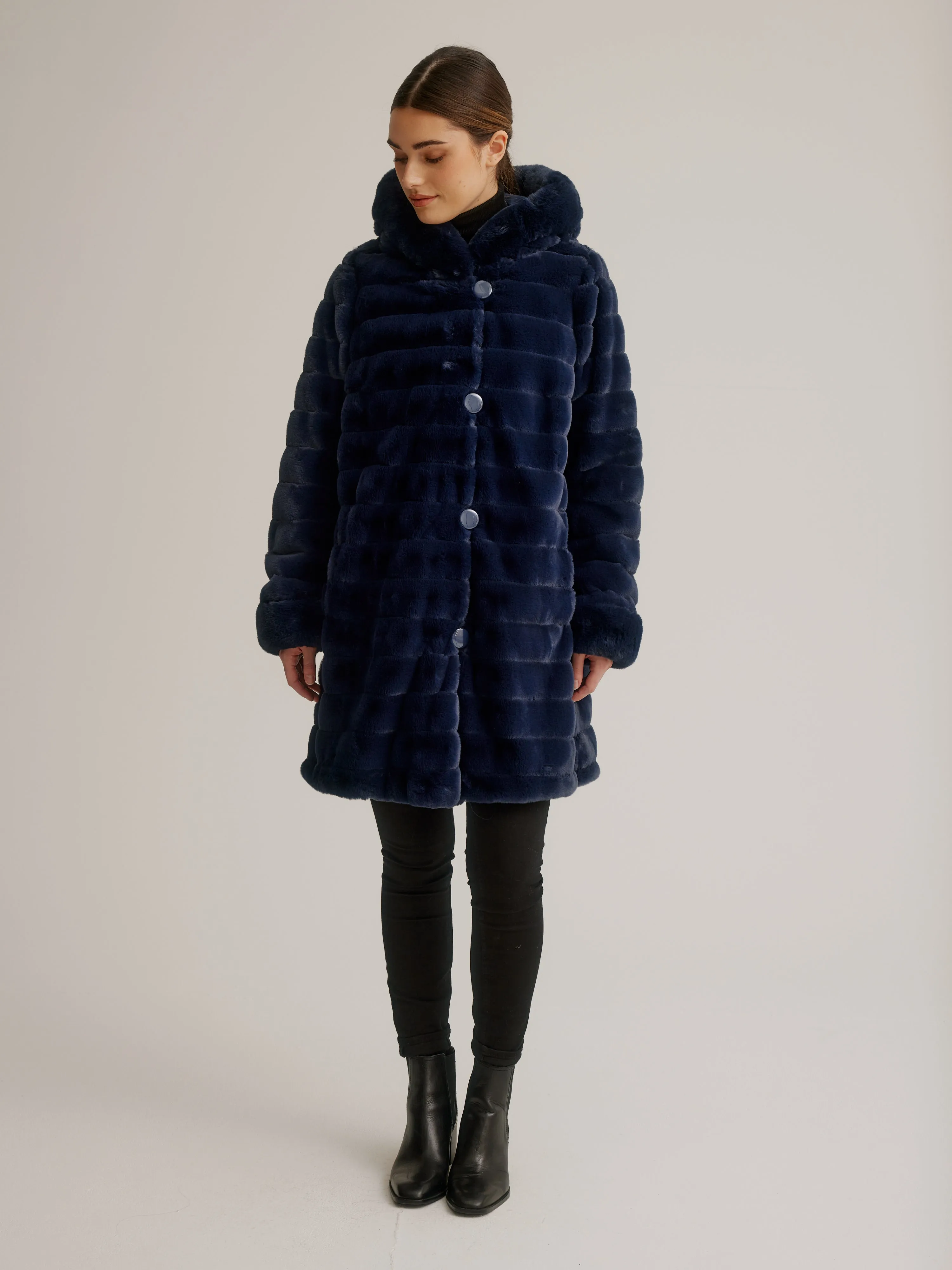 Reversible Faux Fur Coat W/ Fixed Hood & Button Front