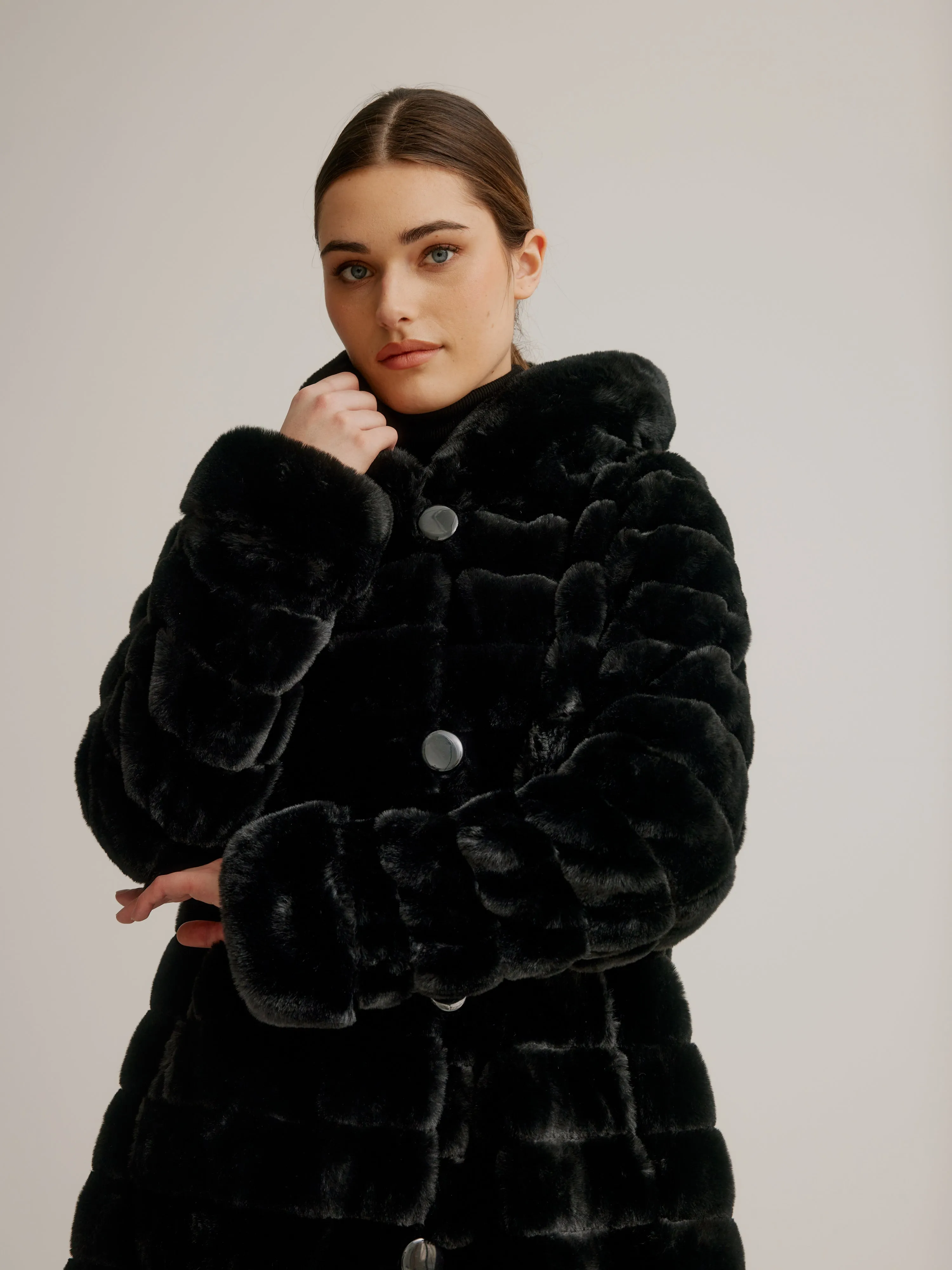 Reversible Faux Fur Coat W/ Fixed Hood & Button Front