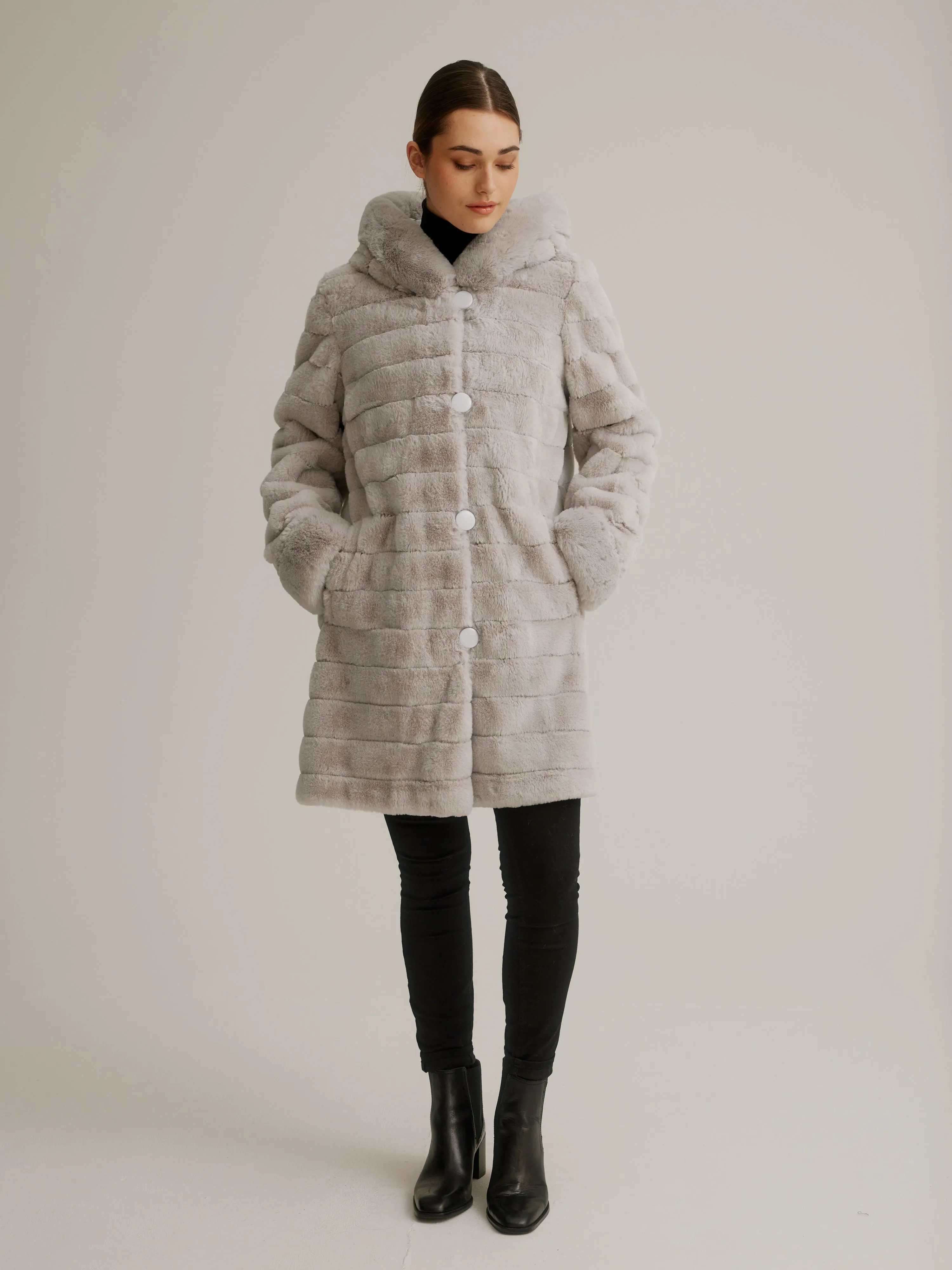 Reversible Faux Fur Coat W/ Fixed Hood & Button Front