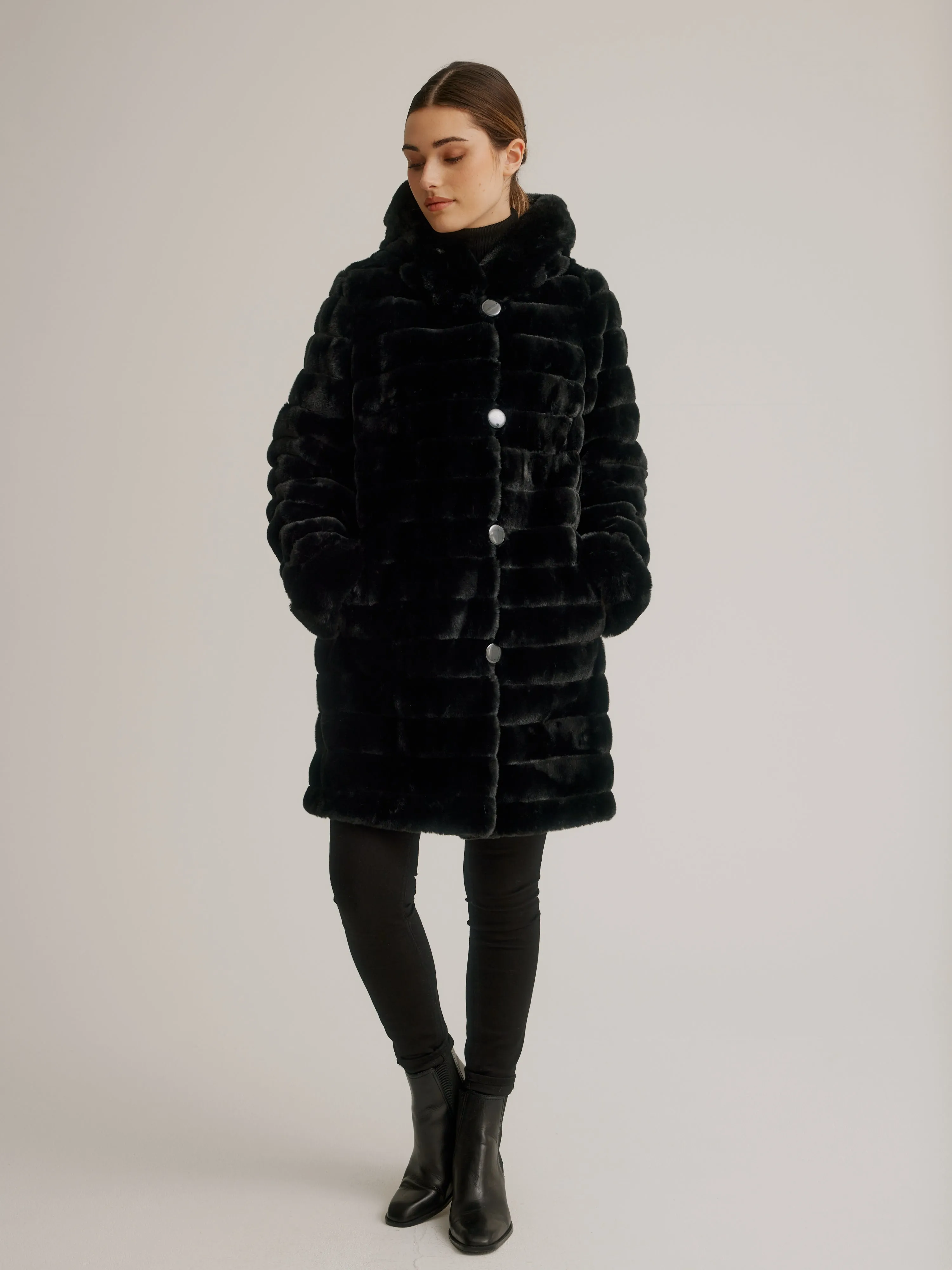 Reversible Faux Fur Coat W/ Fixed Hood & Button Front