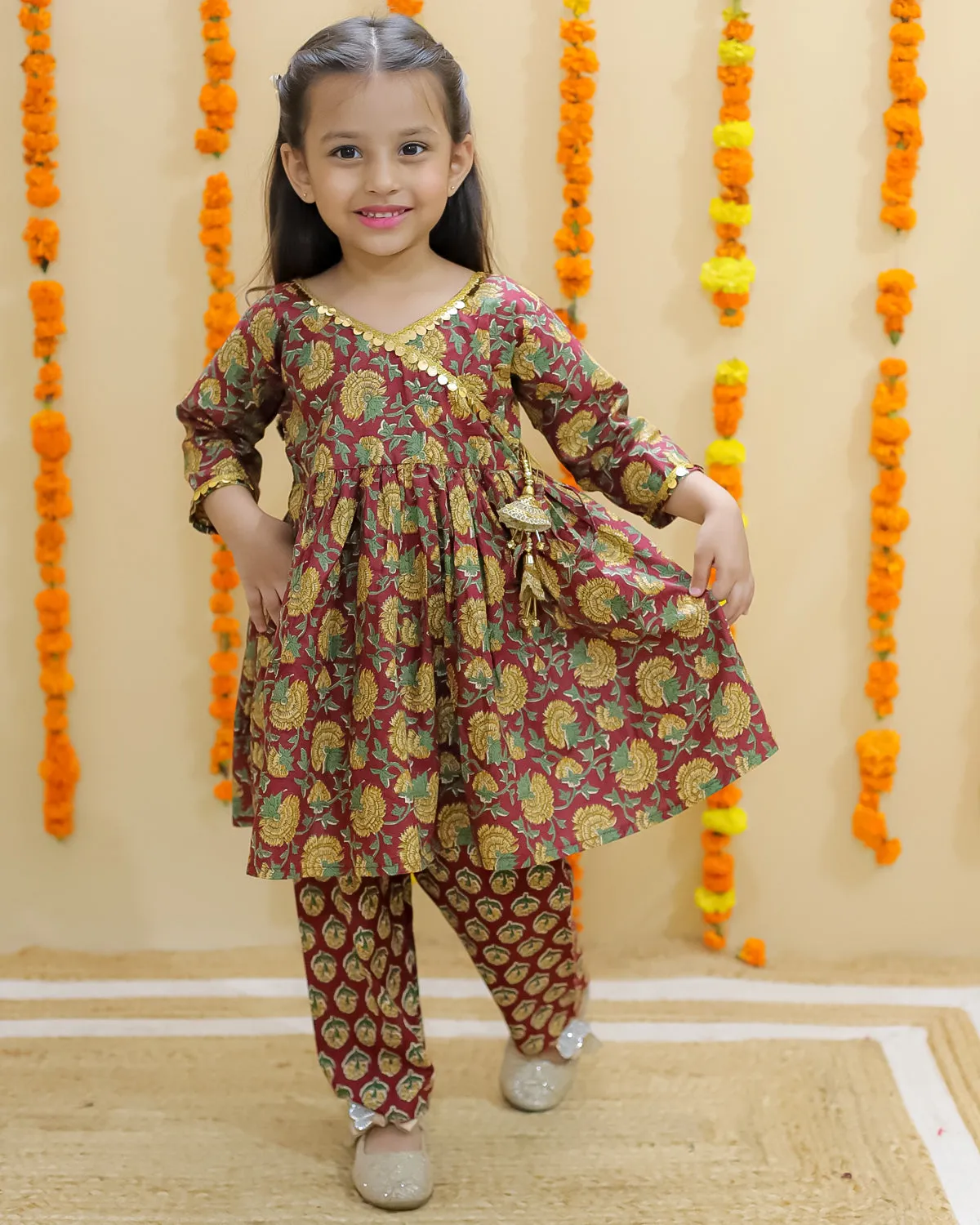 Rust Block Print Girls Anarkali Pajama Set