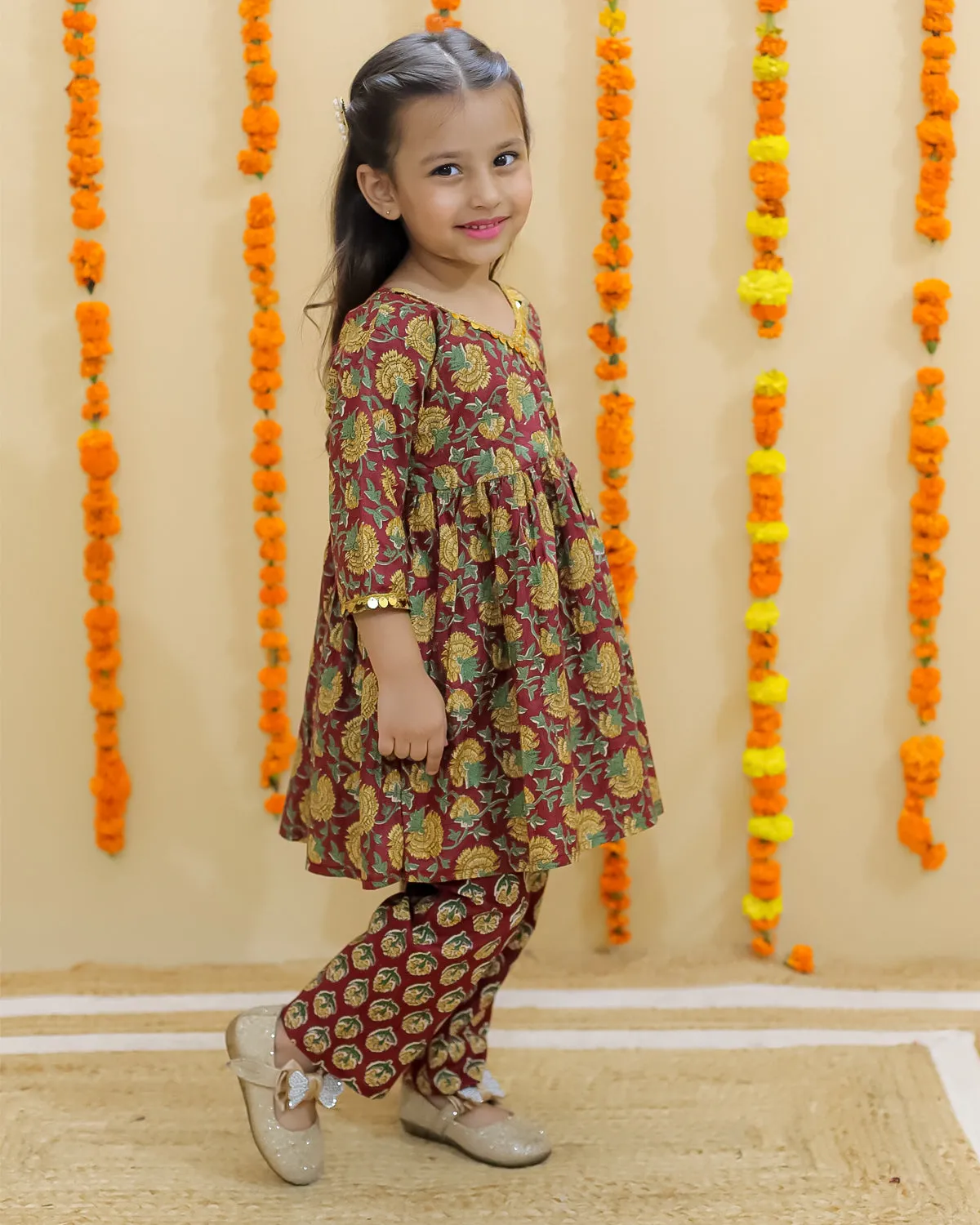 Rust Block Print Girls Anarkali Pajama Set