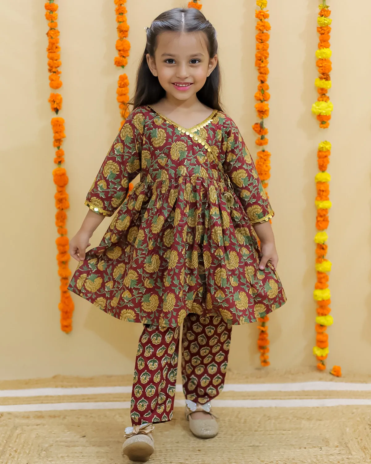 Rust Block Print Girls Anarkali Pajama Set