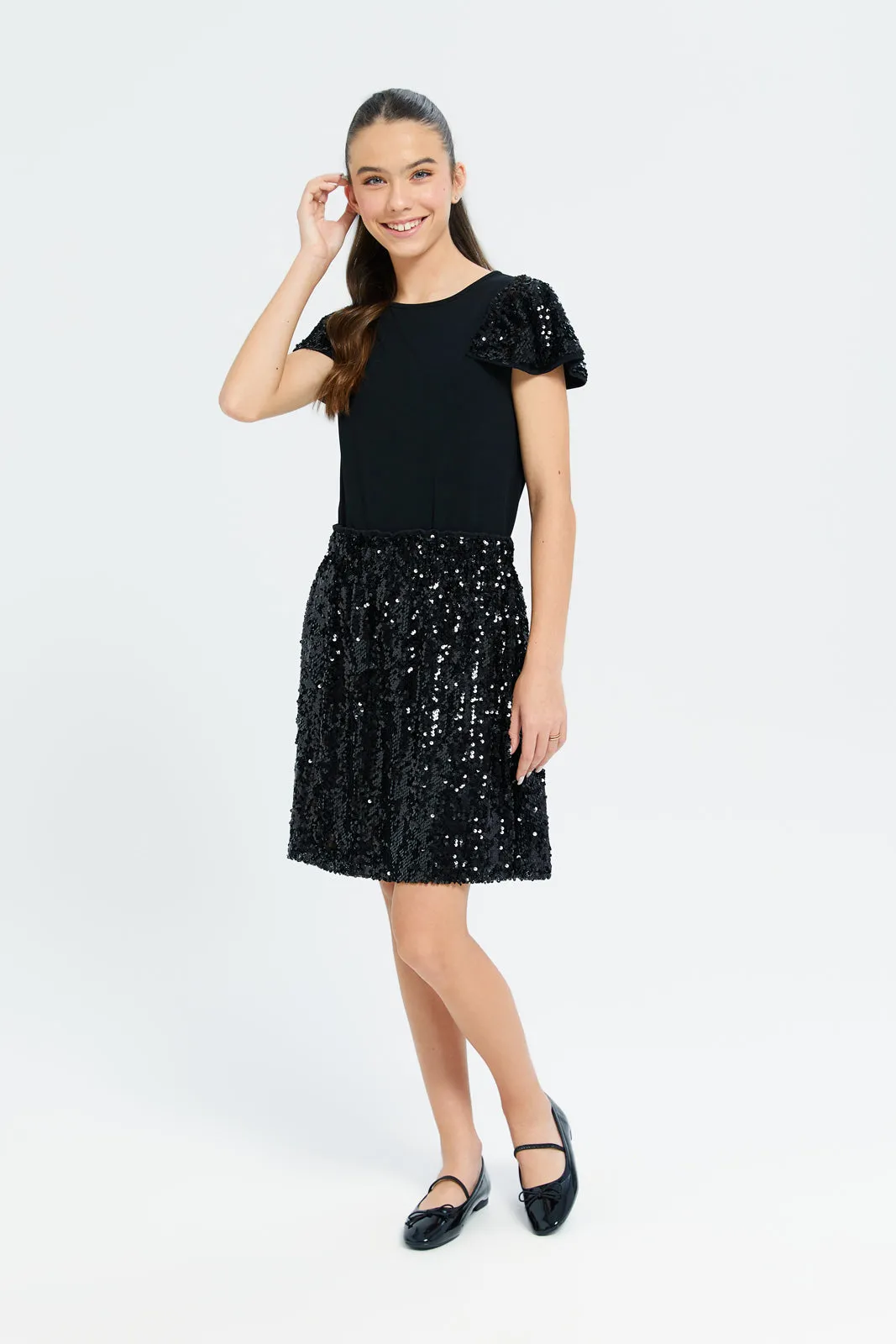 Senior Girls Black Sequins Sleeve Top