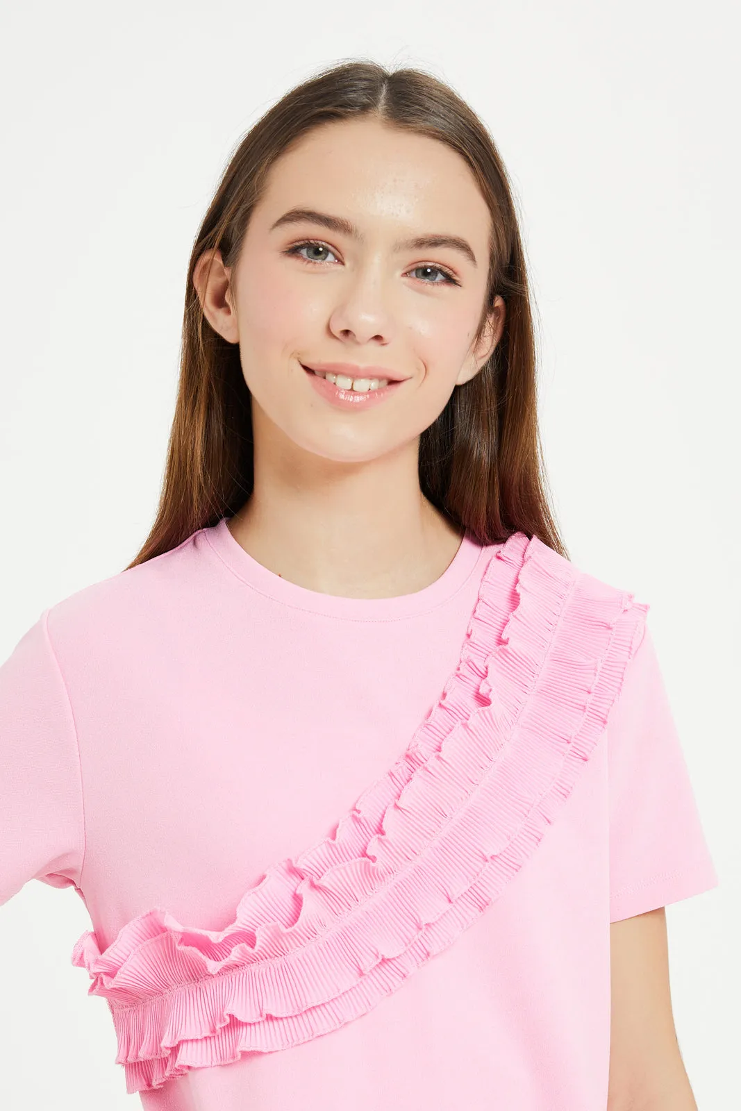 Senior Girls Pink Ruffled Front Top