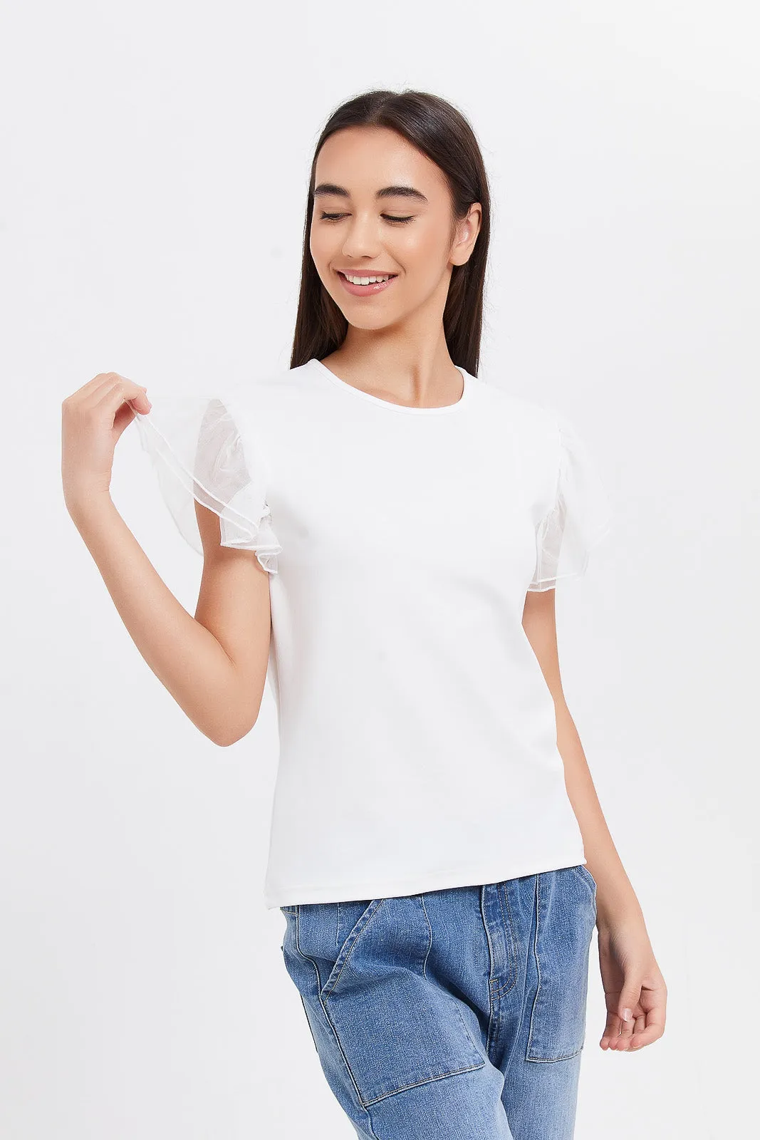 Senior Girls White Lace Sleeve Top