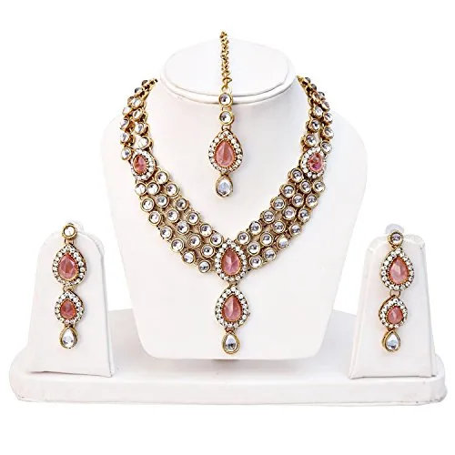 Shining Diva Fashion Gold Plated Pink Kundan Traditional Necklace Jewellery Set for Women & Girls(8647s)