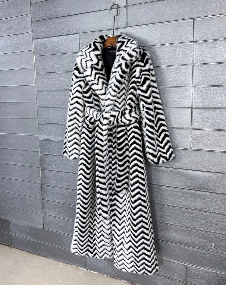 Striped Belted Fluffy Faux Fur Coat