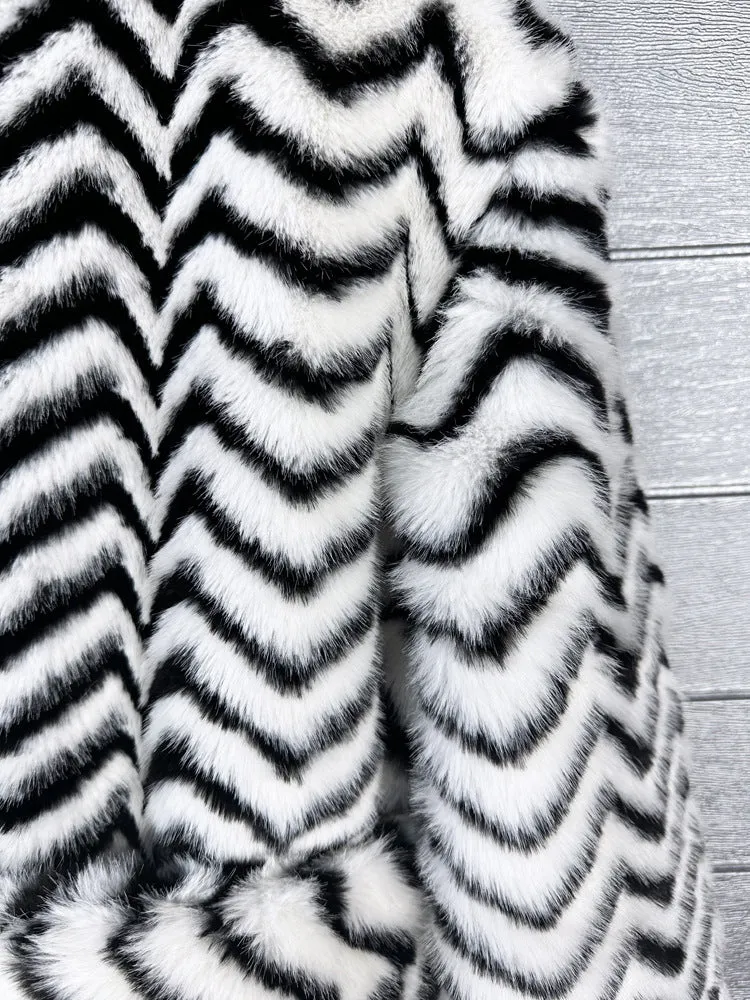 Striped Belted Fluffy Faux Fur Coat