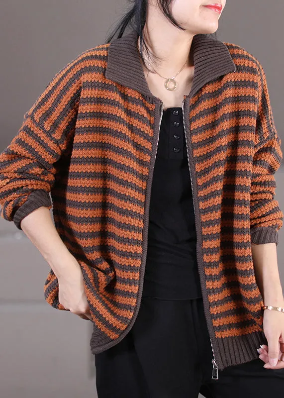 Stylish Black Peter Pan Collar Zippered Striped Knit Sweaters Coats Long Sleeve