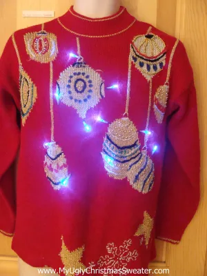 Tacky Light Up Christmas Sweater 80s Red Pullover with Bling Ornaments