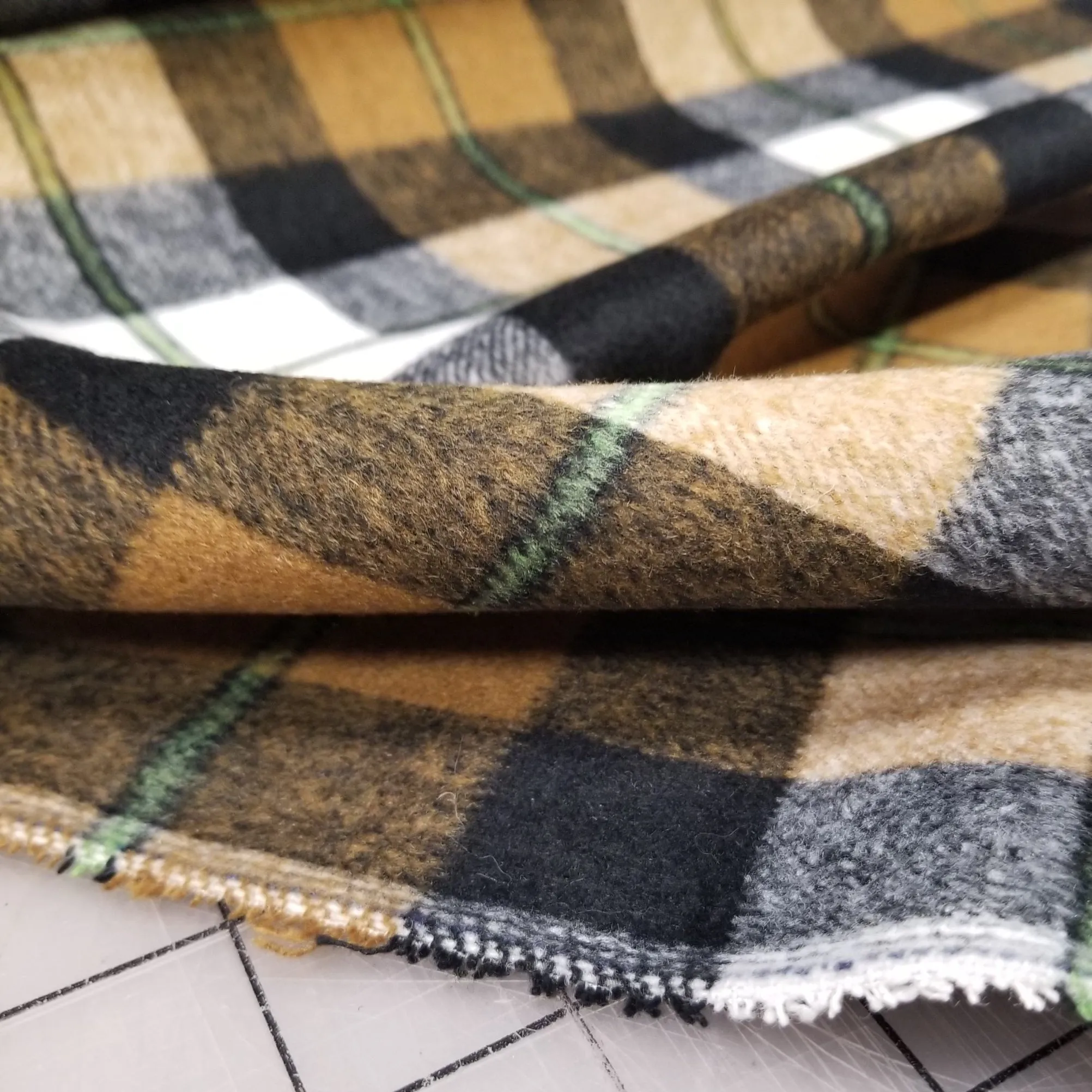 Wool Blend Melton Mustard and Black Plaid Woven-Sold by the yard