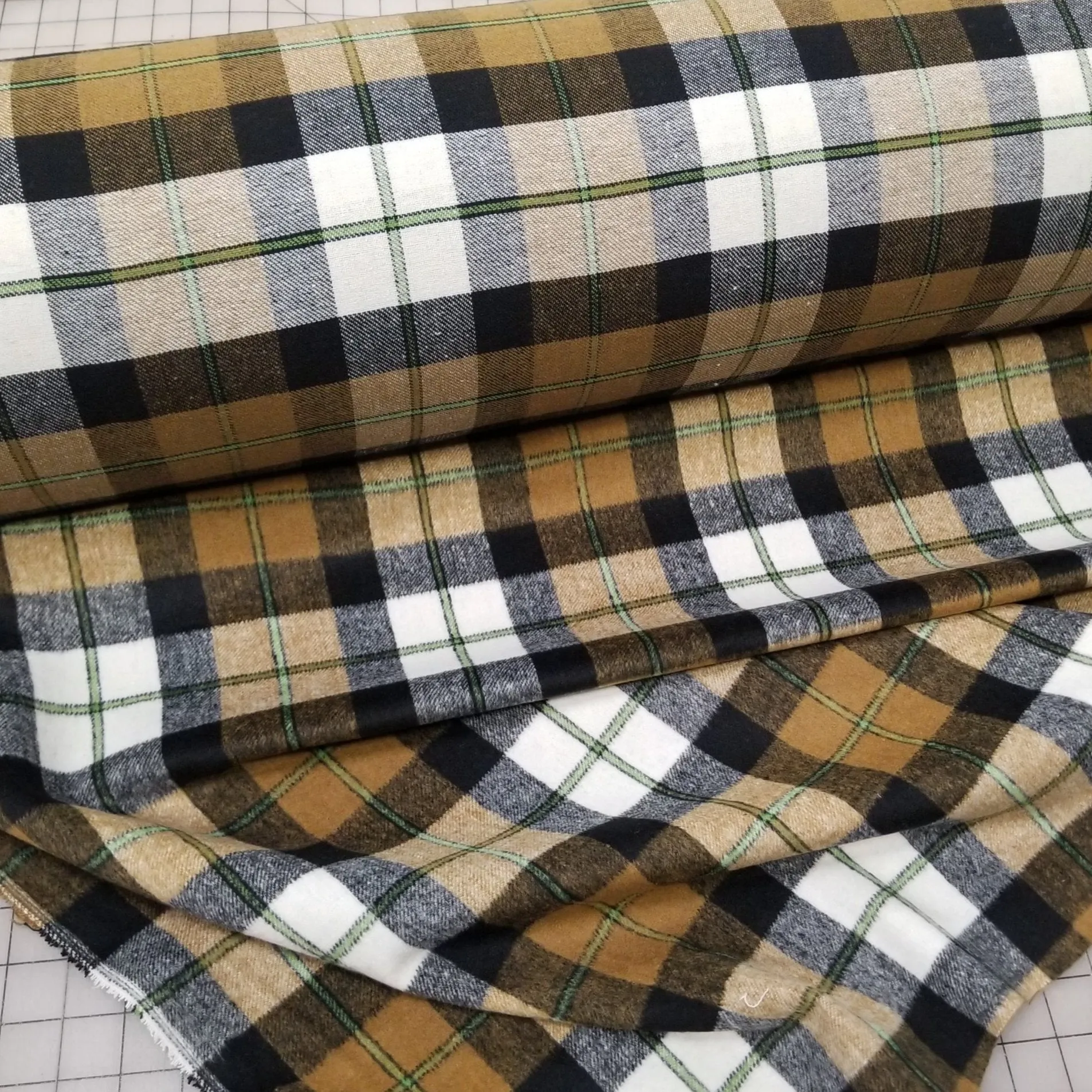 Wool Blend Melton Mustard and Black Plaid Woven-Sold by the yard