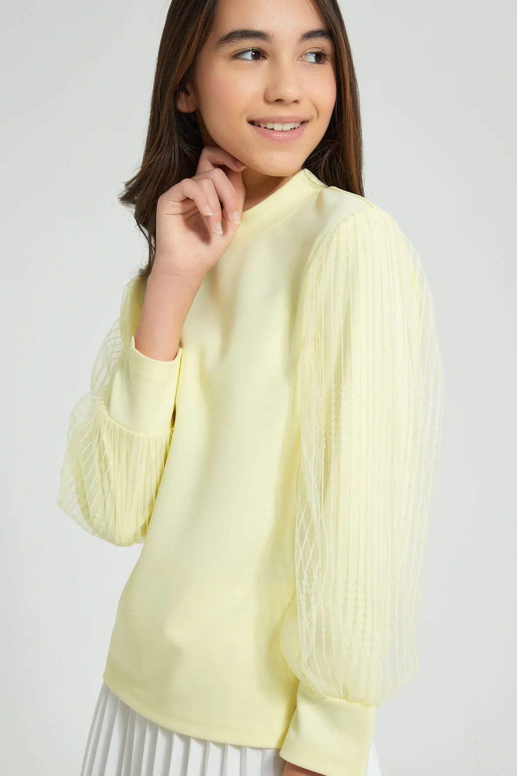 Yellow Mesh Sleeve Blouse