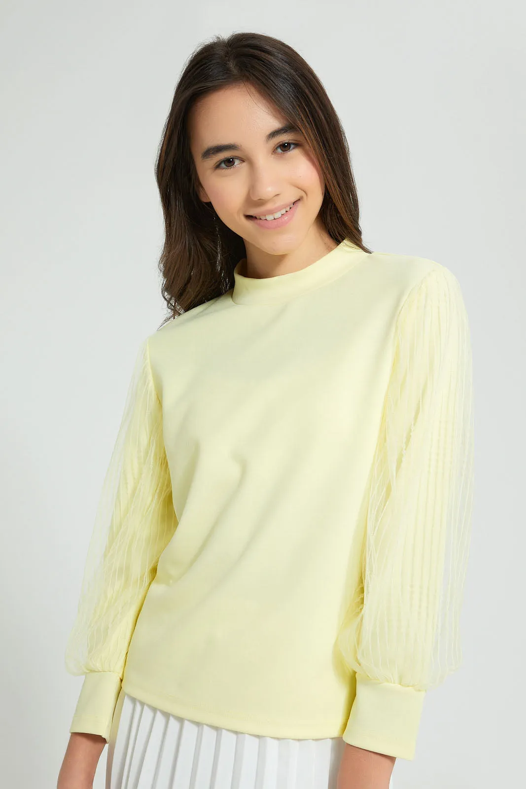 Yellow Mesh Sleeve Blouse